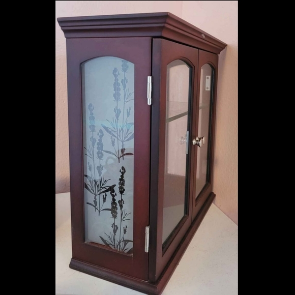Vintage Floral Wood Glass Jewelry Box Cabinet